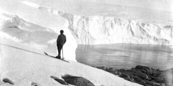 "The ice cliff at Land's End. Mertz on ski." © Xavier Mertz (1913), from the collections of the State Library of New South Wales